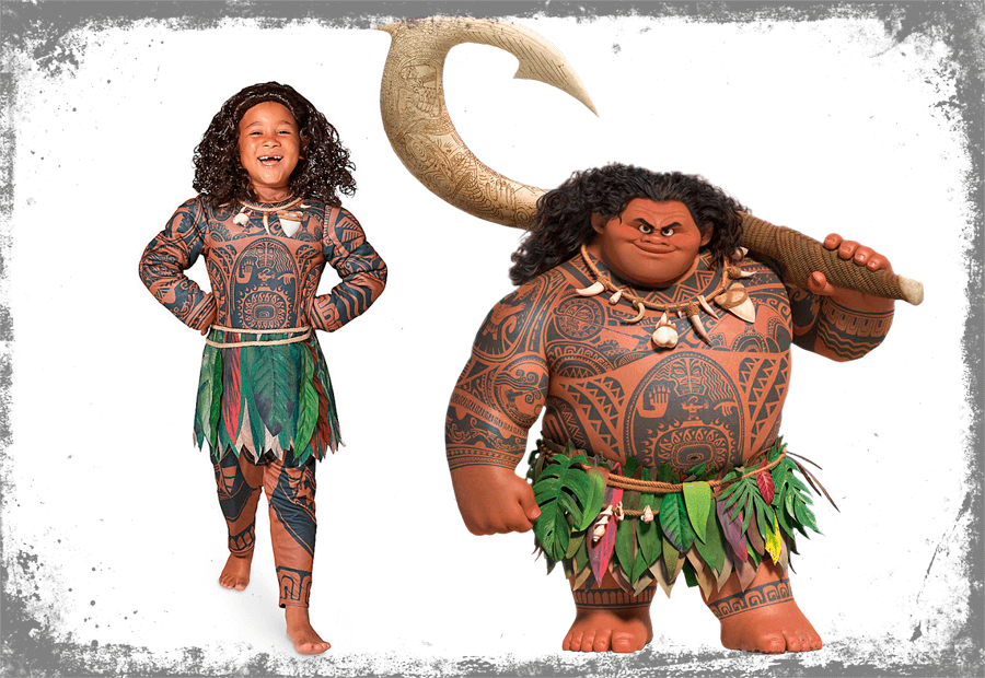Comparación disfraz Maui con el personaje del film Disney Moana.