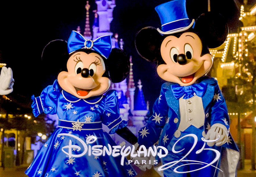 Mickey y Minnie con los trajes de gala del 25 Aniversario Disneyland Paris